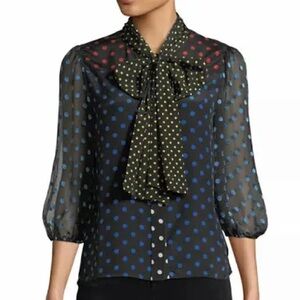 Alice + Olivia Jeannie Polka Dot Sheer Blouse with Bow Neck XS